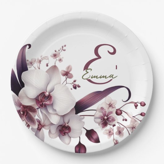 Delicate witte en magenta orchideeën papieren bordje (Voorkant)