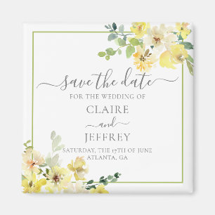 Delicate Yellow Floral Sage Green Save the Date Magneet