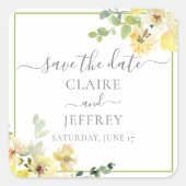 Delicate Yellow Floral Sage Green Save the Date Vierkante Sticker (Voorkant)