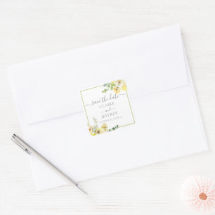 Delicate Yellow Floral Sage Green Save the Date Vierkante Sticker