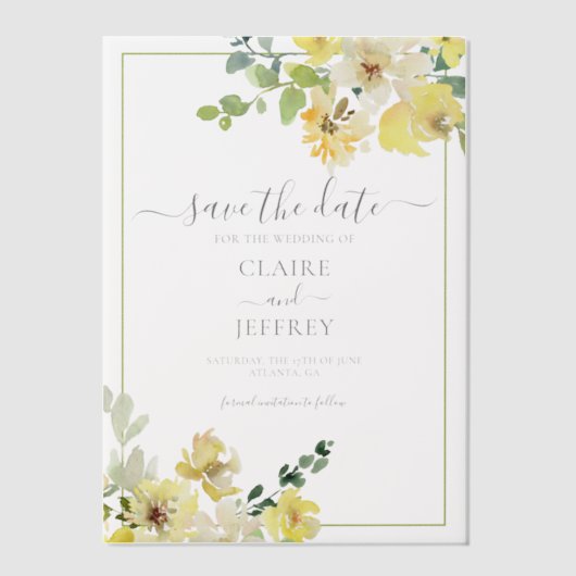 Delicate Yellow Floral Summer Bewaar de datum Vellum Uitnodigingen (Voorkant)