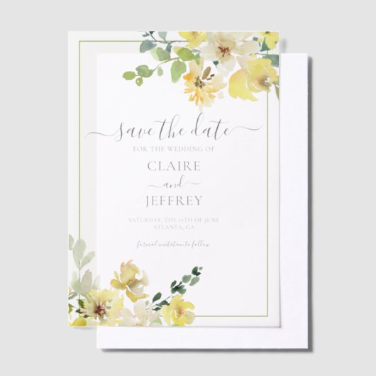 Delicate Yellow Floral Summer Bewaar de datum Vellum Uitnodigingen (Offset)