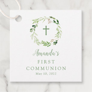 Delicate zachte groene blad krans eerste communie bedankjes labels