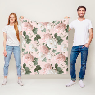 Delicate zachte roze roos witte bloemmotief fleece deken