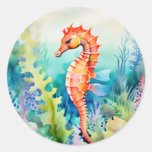 Delicate zeepaardje met koraalrif Waterverf Ronde Sticker