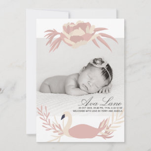 Delicate Zwaan Baby Meisje Bloem Roze Aangepaste F Aankondiging