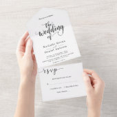 Delicate zwart-wit script Eenvoudige bruiloft All In One Uitnodiging (Afscheurbaar)