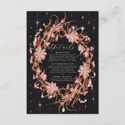 Delicate zwarte bloemen bruiloft informatiekaartje (Voorkant)