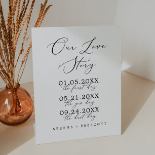 Delicate Zwarte Calligraphy Onze Liefdesgeschieden Reclamebord Met Voetstuk
