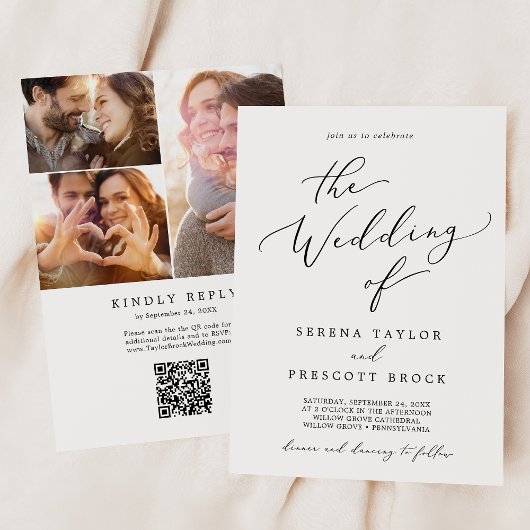 Delicate zwarte fotocollage QR-code bruiloft Kaart