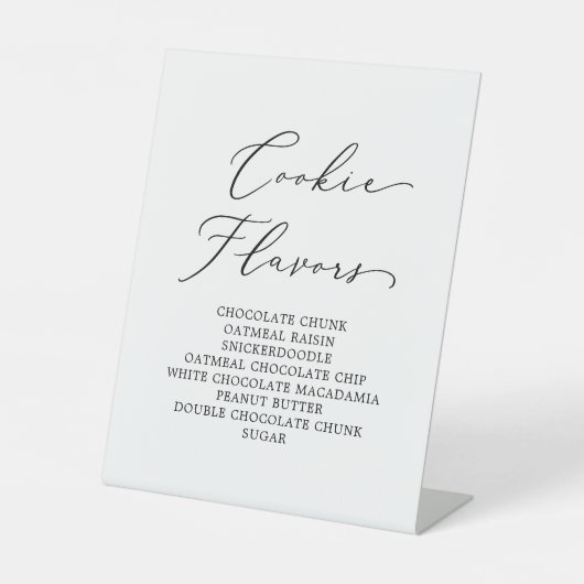 Delicate zwarte kalligrafie bruiloft koekje smaken reclamebord met voetstuk (Voorkant)