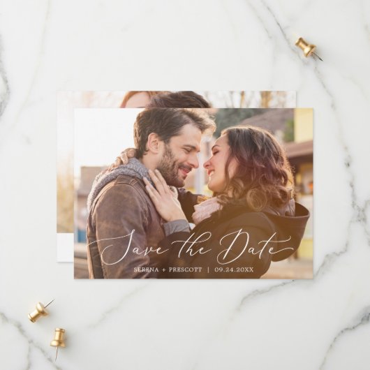 Delicate zwarte kalligrafie Horizontale donkere fo Save The Date (Voorkant / Achterkant in situ)