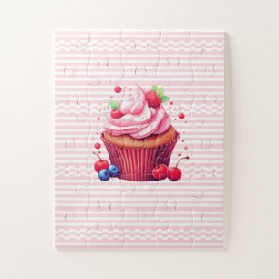 Délicieux Cupcake aux Fraises Rose Blanc Puzzles