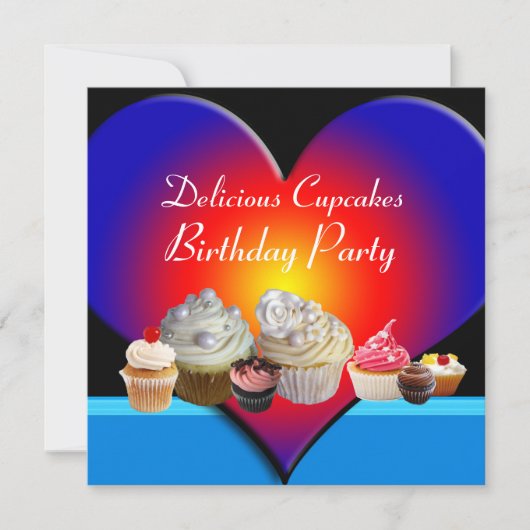 DELICIEUZE CUPCAKES BIRTHDAY PARTY Blue Red Heart Kaart (Voorkant)