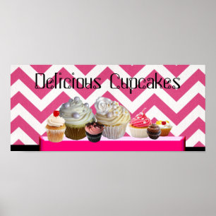 DELICIEUZE CUPCAKES DESERT SHOP/PINK WHITE CHEVRON POSTER