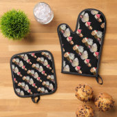 DELICIEUZE CUPCAKES DESERT SHOP, Roze Black Fuchsi Ovenwant & Pannenlap Set (Top down)