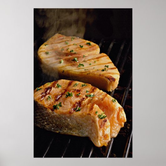 Delicious Salmon steaks op grill Poster (Voorkant)