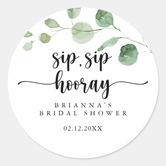 Delight Eucalyptus Sip Sip Hooray Bruiloft Ronde Sticker (Voorkant)