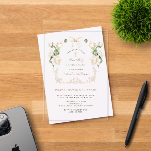 Deliicatee Ivoor Rozen Eerste Heilige Communie Acryl Uitnodigingen (Insitu (Uitnodiging))