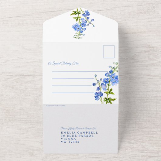 Delphinium blauw waterverf kunst bruiloft all in one uitnodiging (Buitenkant)