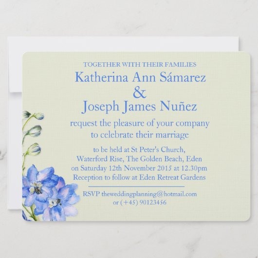 Delphinium blauwe waterverf bruiloft uitnodiging (Achterkant)