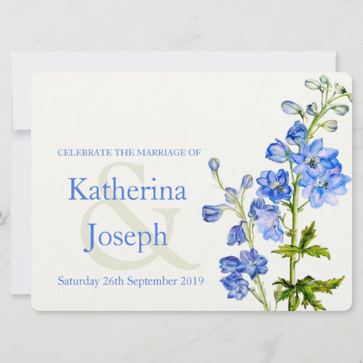 Delphinium blauwe waterverf bruiloft uitnodiging (Voorkant)