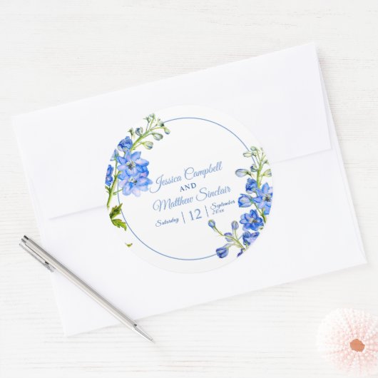 Delphinium bloemenblauw waterverf kunst bruiloft ronde sticker (Envelop)