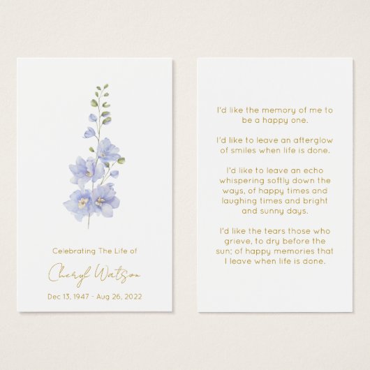 Delphinium | Carte de prière mémorielle simple (Devant & derrière)