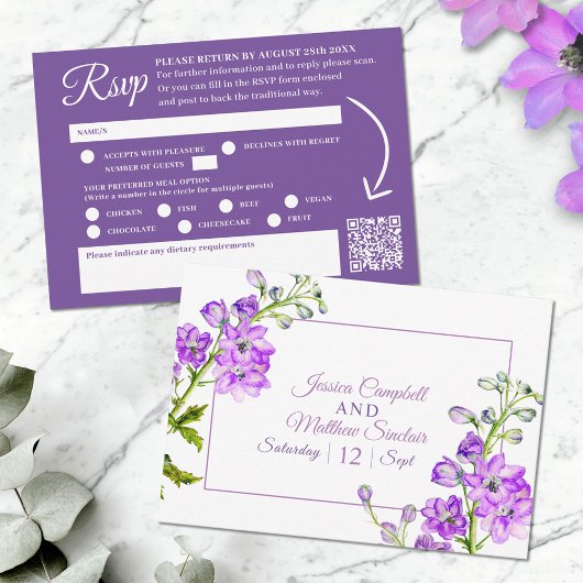 Delphinium paarse waterverf bruiloft QR code RSVP Kaartje