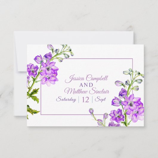 Delphinium paarse waterverf bruiloft QR code RSVP Kaartje (Voorkant)