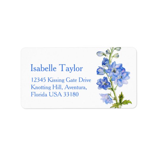 Delphinium schilderde blauwe trouwadreslabel etiket (Voorkant)
