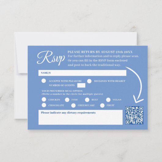 Delphiniumbloemen blauwe waterverf bruiloft QR-cod RSVP Kaartje (Achterkant)