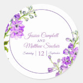 Delphiniumbloemen paarse waterverf bruiloft ronde sticker (Voorkant)