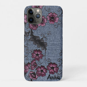 *~* Demin Black Scrolls roze bloemen iPhone 11 Pro Hoesje