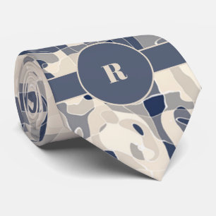 Demin Blue en Taupe Abstract met Monogram Stropdas