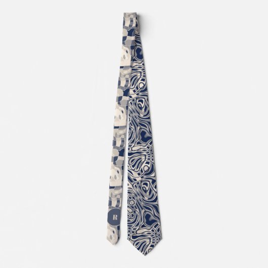 Demin Blue en Taupe Abstract met Monogram Stropdas (Achterkant)
