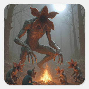 Demogorgon-wezens rondom een kampvuur vierkante sticker