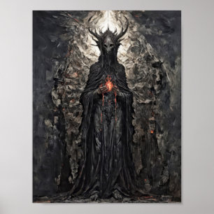 Demon koning met brandend hart in gotische kerk poster