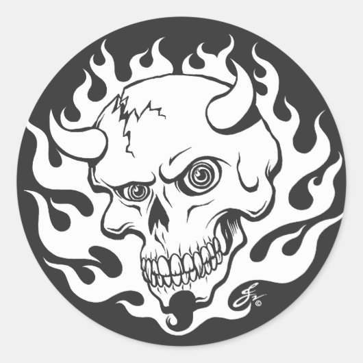 Demon schedel in vlammen ronde sticker (Voorkant)