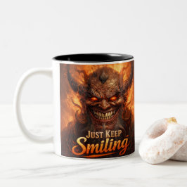 Demonic Grin “Just Keep Smiling” Design Tweekleurige Koffiemok
