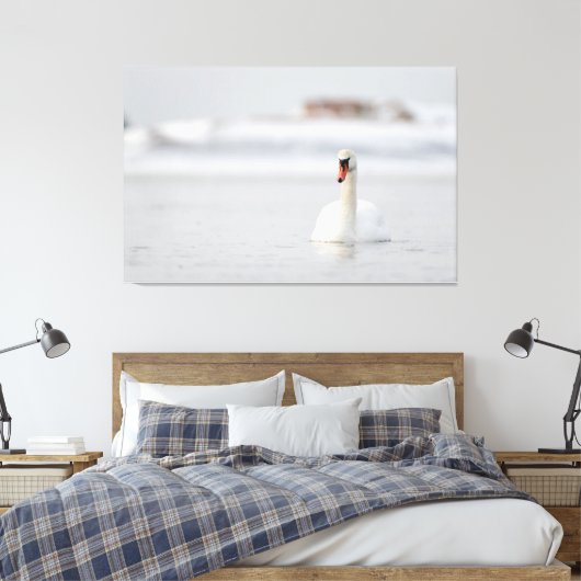 Dempende zwanen zwemmen in ijswater canvas afdruk (Insitu (Slaapkamer))