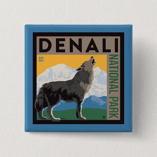Denali National Park   Howling Wolf Vierkante Button 5,1 Cm