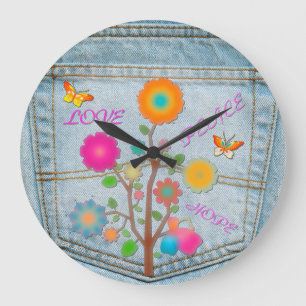Denim Achterzak Bloemen Vrede Liefde Hoop Grote Klok