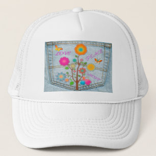 Denim Achterzak Bloemen Vrede Liefde Hoop Trucker Pet