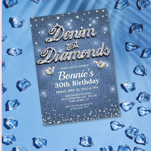 Denim and Diamonds Birthday Invitation Kaart