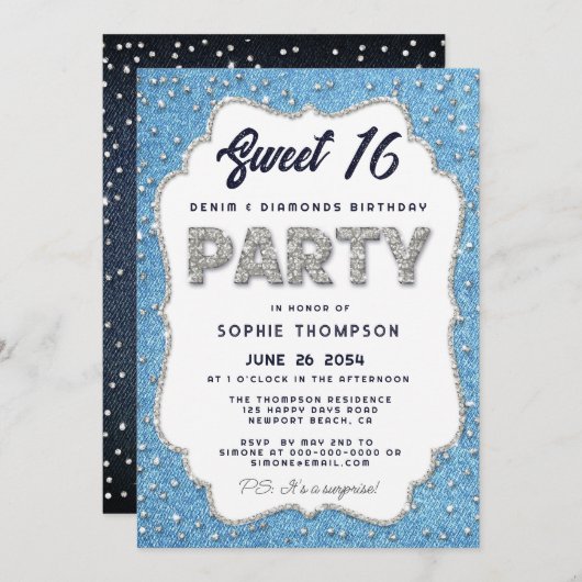 Denim and Diamonds Glitter Lijst Sweet 16 Party Kaart (Voorkant / Achterkant)