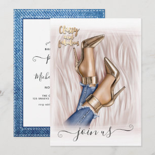 Denim and Gold Fashionista Bachelorette Invitation Kaart