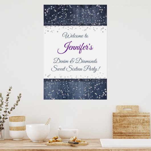 Denim and Silver Confetti Welcome Sign Poster (Keuken)