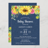 Denim Baby shower Uitnodiging met zonnebloemen (Voorkant / Achterkant)