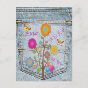 Denim Back Pocket Flower Peace Love Post Kaart